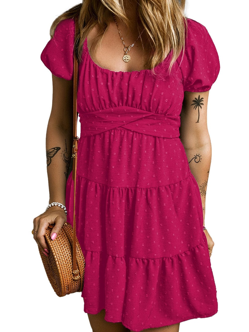 Rose Red Swiss Dot Puff Sleeve Tiered Mini Dress with Crossover Tie