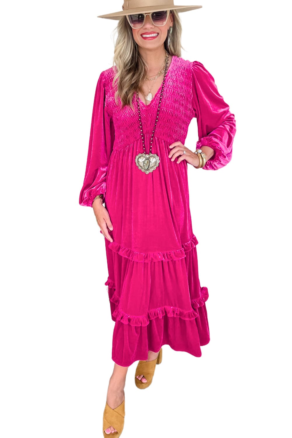 Rose Red Velvet Dress with Elegant Shirred Details and V-Neck