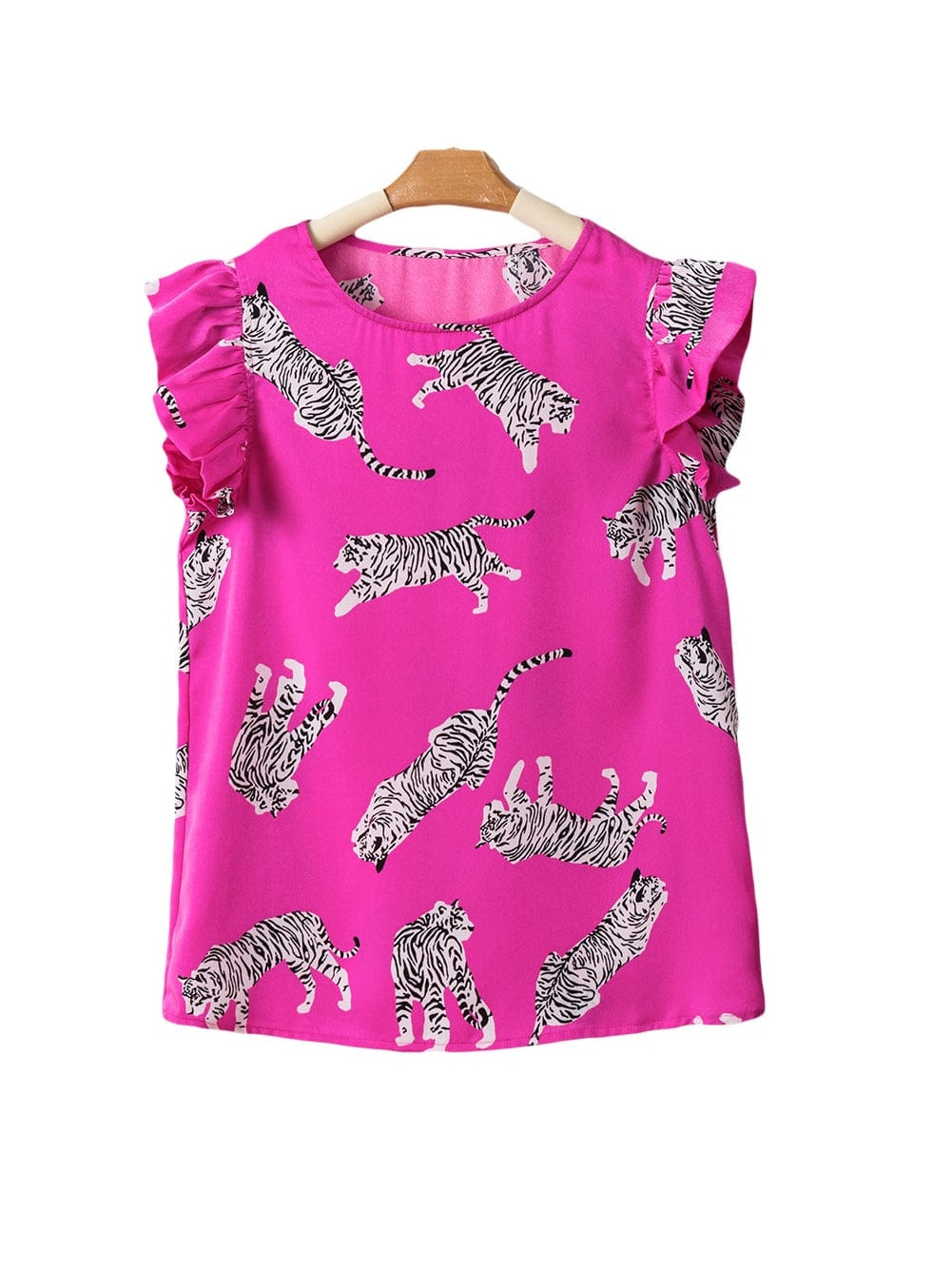 Rose Tiger Print Flutter Sleeve Round Neck Blouse