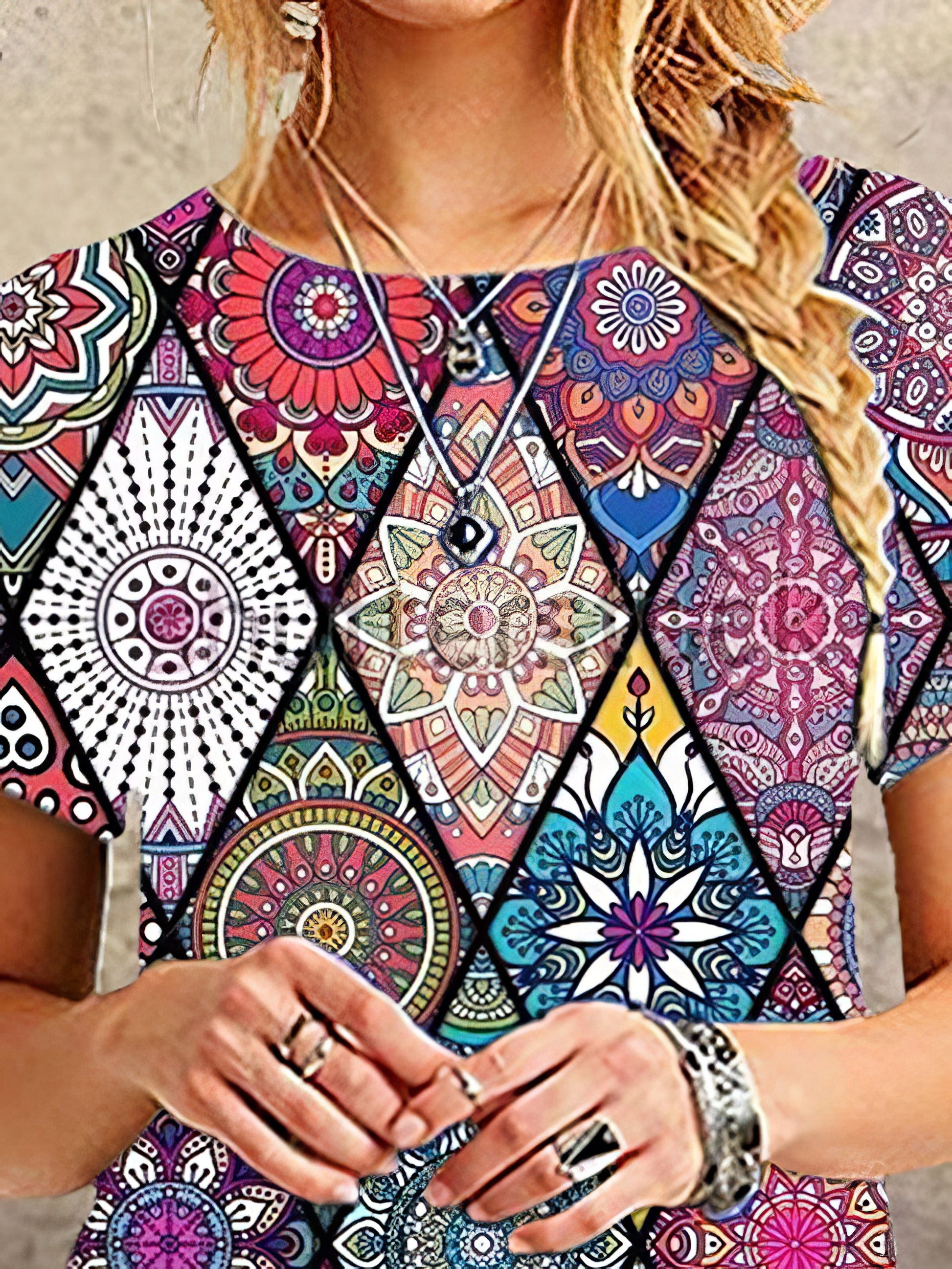 Mini Dresses - Round Neck Print Casual Dress - MsDressly