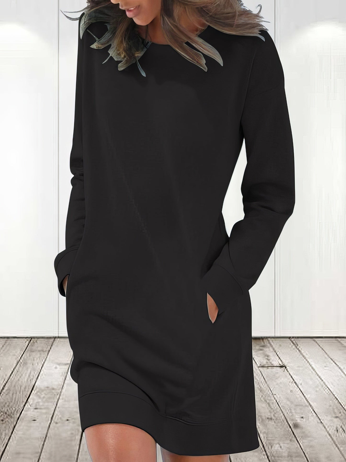 Rounded Neckline Long Sleeve Dress with Pockets