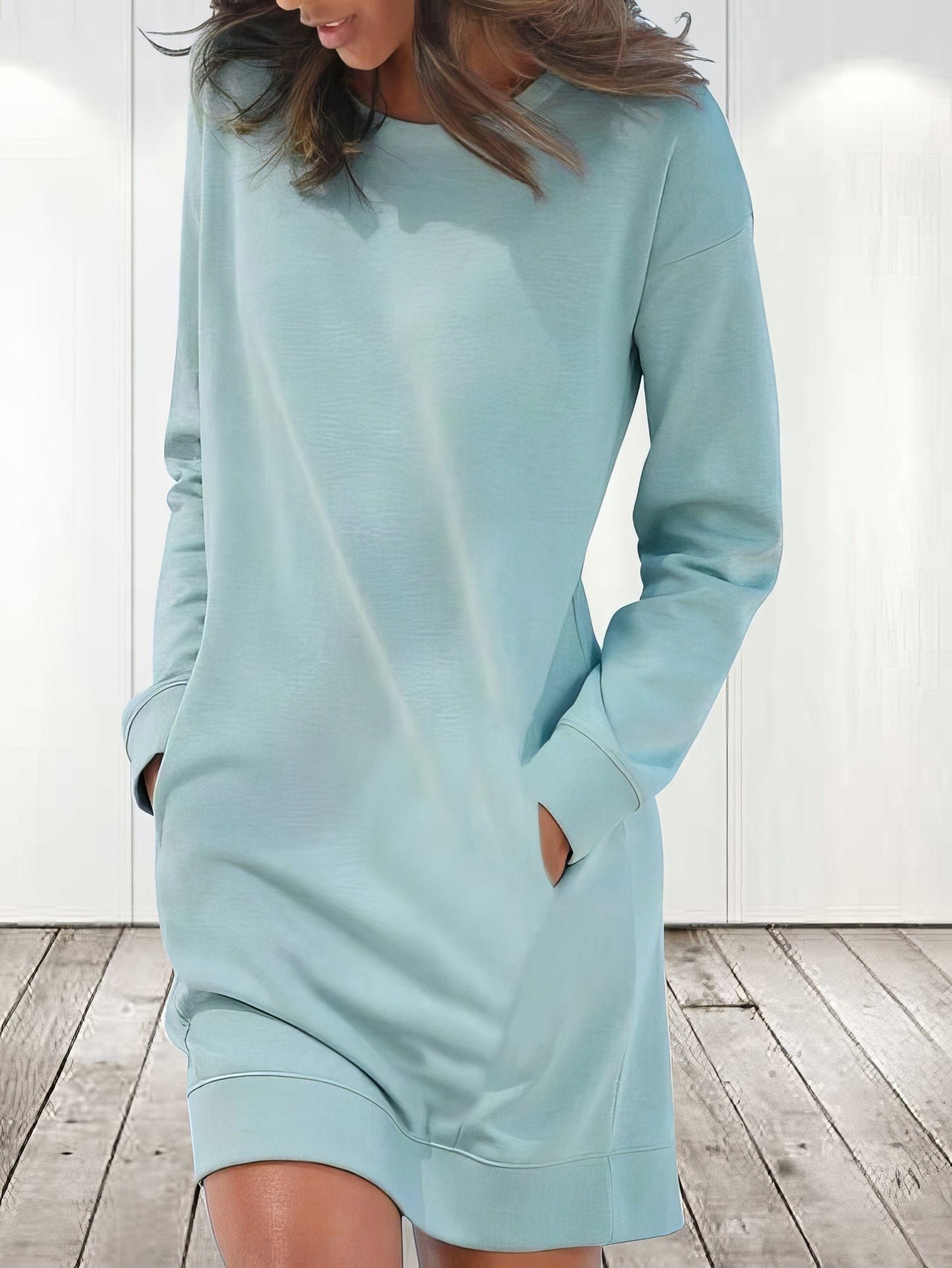 Rounded Neckline Long Sleeve Dress with Pockets