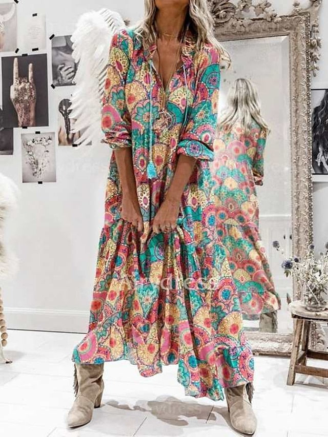 Women's Dress - Swing Dress Maxi long Dress Rainbow Long Sleeve Print Patchwork Fall Spring V Neck Casual Vacation Boho 2022 S M L XL XXL