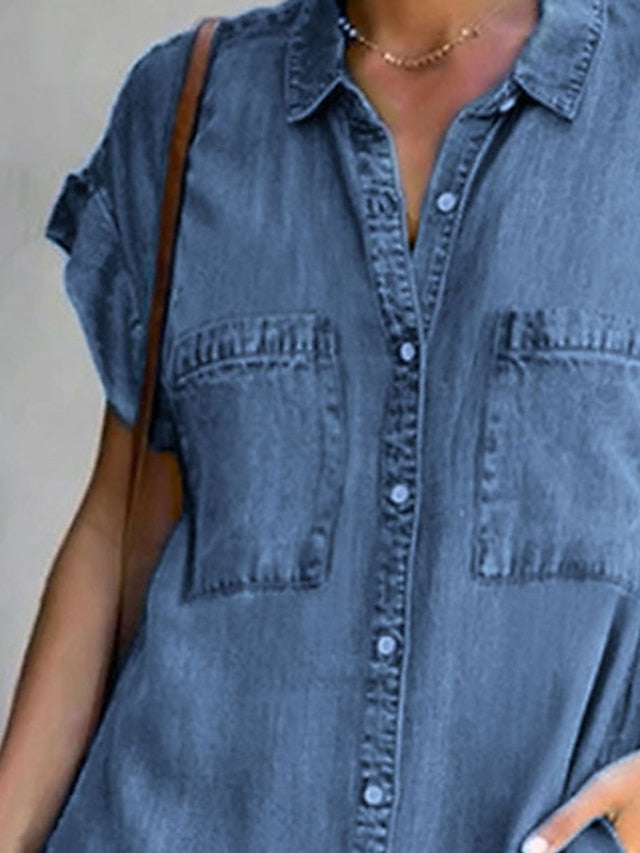 Women's Dress - Denim Shirt Dress Midi Dress Denim Hot Casual Daily Weekend Shirt Collar Pocket Rolled Cuff Short Sleeve Summer Spring 2023 Loose Fit Light Blue Pure Color S M L XL XXL