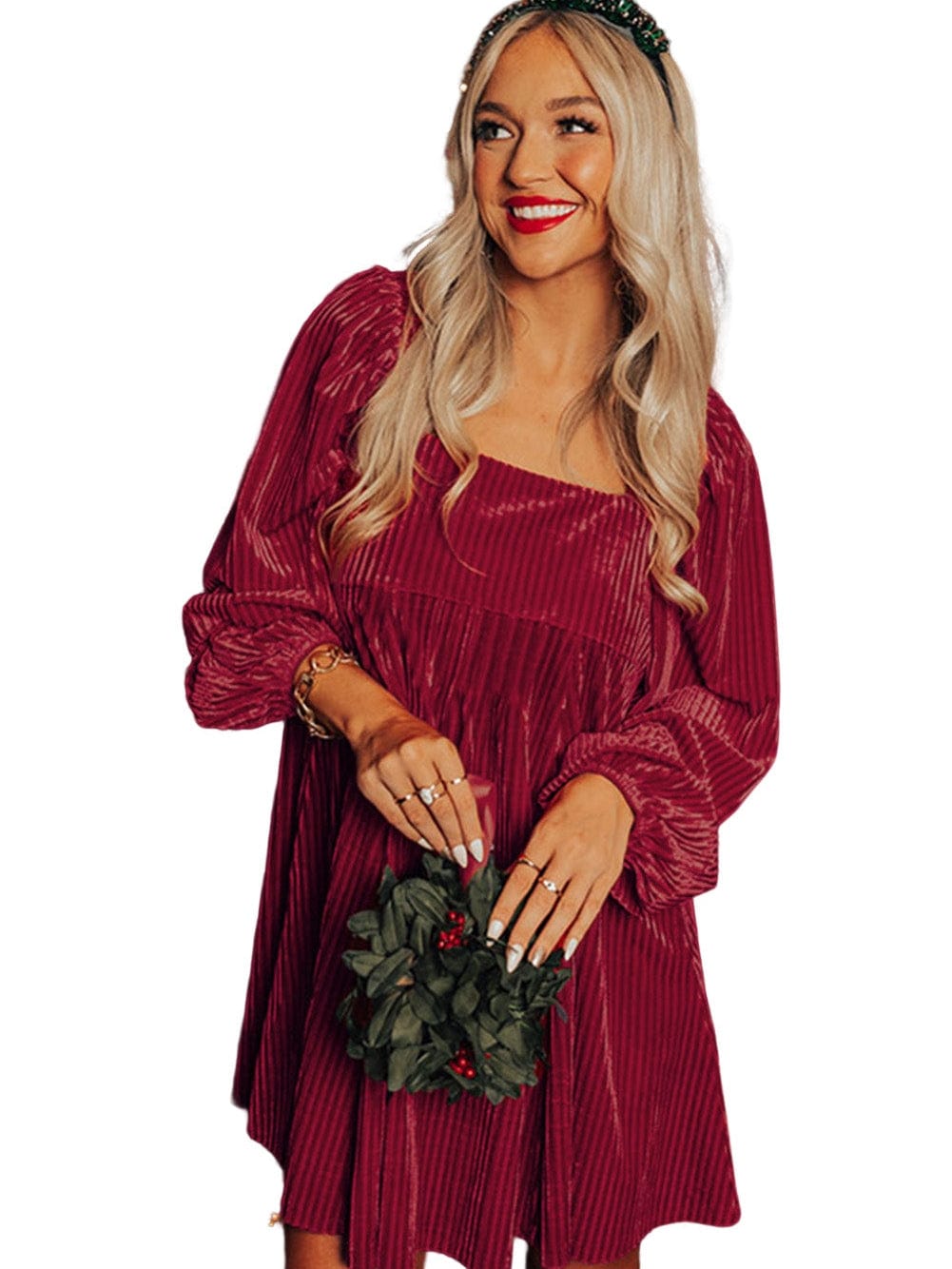 Ruby Velvet Square Neck Babydoll Dress with Tie Back