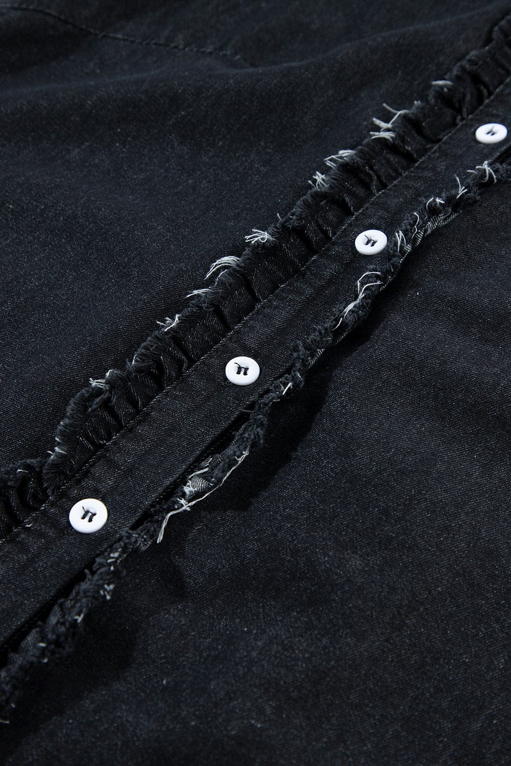Ruffled Black Denim Top with Button Front and Frayed Details