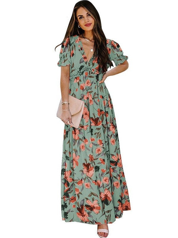 Ruffled Floral Print V-Neck Long Dress with Puff Sleeves