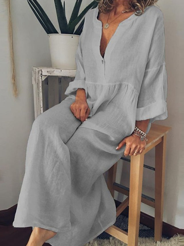 Women's Dress - Casual Dress Cotton Dress Shift Dress Maxi long Dress Cotton Casual Winter Dress Daily Holiday Split Neck Button Rolled Cuff Long Sleeve Spring Fall Winter 2023 Loose Fit Black White Yellow