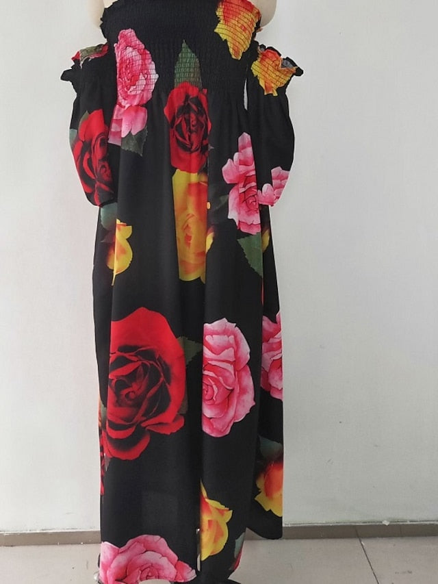 Women's Dress - Casual Dress Swing Dress Long Dress Maxi Dress Black White Short Sleeve Floral Patchwork Spring Summer Off Shoulder Slim S M L XL XXL