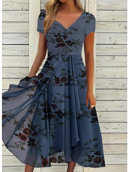 Women's Dress - Casual Dress Chiffon Dress Swing Dress Midi Dress Navy Blue Short Sleeve Floral Print Summer Spring V Neck Fashion Vacation 2023 S M L XL XXL 3XL