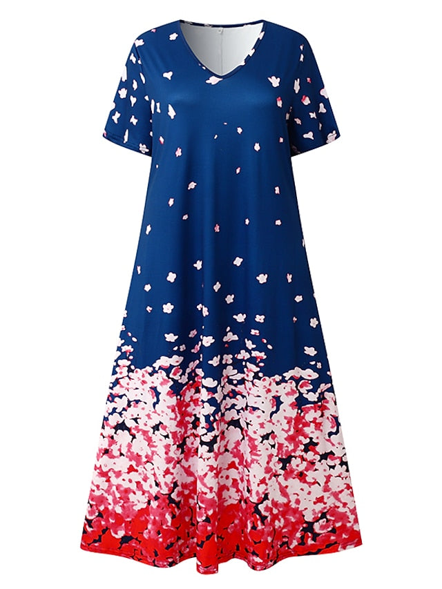 Women's Dress - Casual Dress Swing Dress Floral Dress Midi Dress White Red Green Short Sleeve Heart Print Summer Spring V Neck Basic Vacation Loose Fit 2023 S M L XL XXL XXXL 4XL 5XL