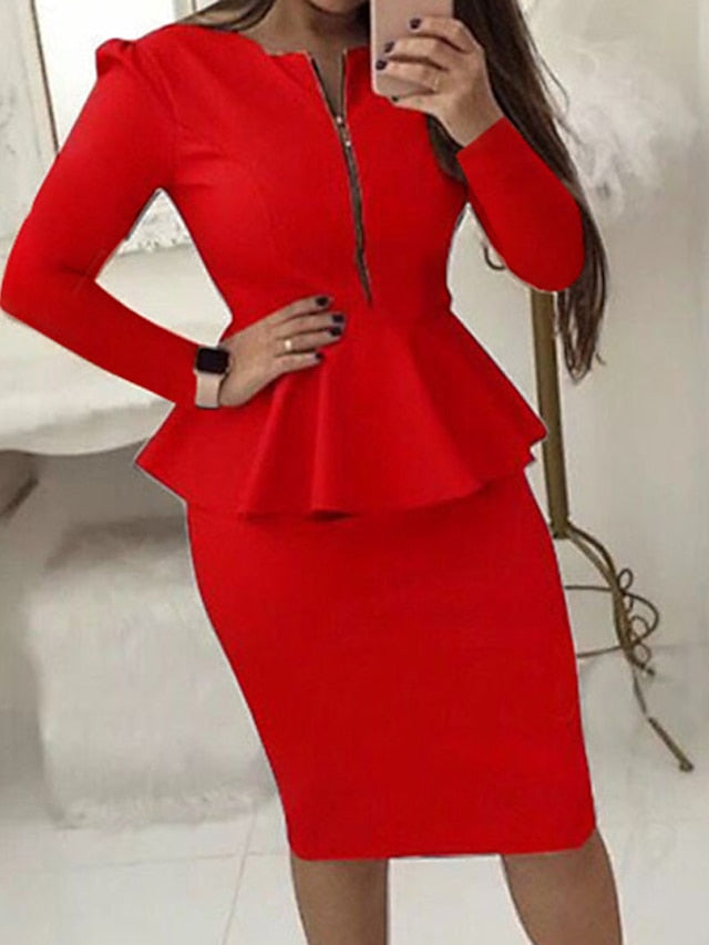 Women's Dress - Bodycon Sheath Dress Church Dress Midi Dress Black Yellow Red Long Sleeve Pure Color Ruffle Winter Fall Autumn Crew Neck Work Winter Dress Weekend Fall Dress 2023 S M L XL XXL