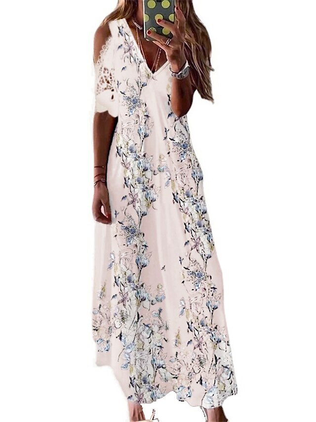 Women's Dress - Casual Dress Swing Dress Long Dress Maxi Dress Beige Short Sleeve Floral Cold Shoulder Spring Summer V Neck Vacation Loose Fit 2023 S M L XL XXL 3XL