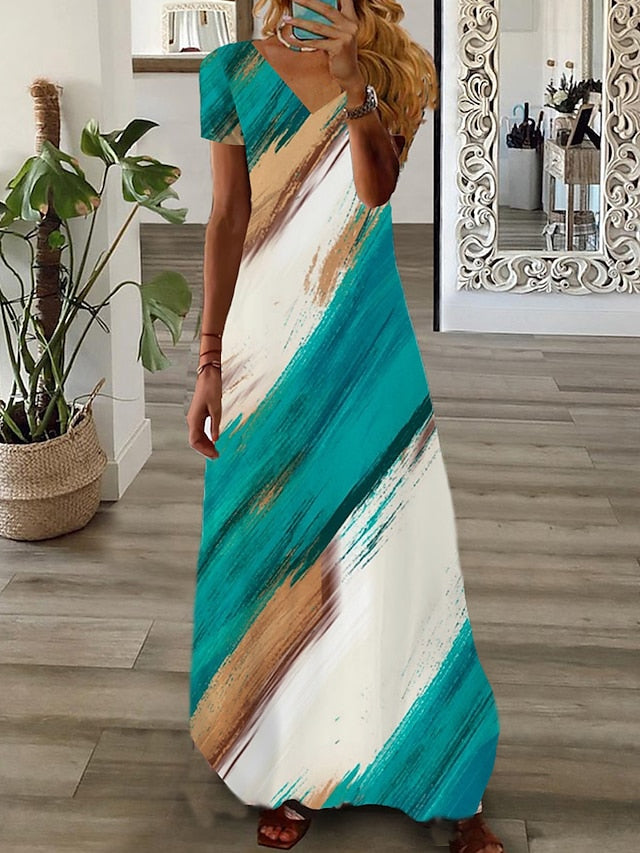 Women's Dress - Long Dress Maxi Dress Casual Dress Print Dress Graphic Marbling Fashion Modern Daily Holiday Vacation Print Short Sleeve V Neck Dress Regular Fit White Yellow Light Green Summer Spring XS S M