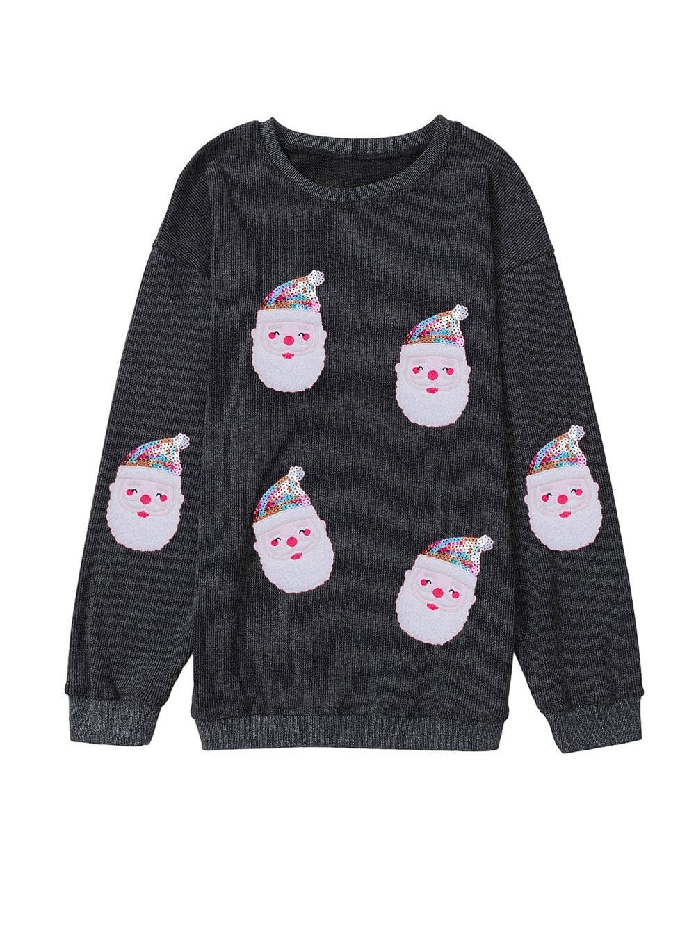Sequin-Embellished Black Santa Claus Graphic Pullover Sweatshirt