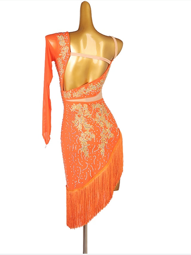 Latin Dance Dress Tassel Split Joint Crystals / Rhinestones Women's Performance Training Long Sleeve Chinlon Mesh - LuckyFash™