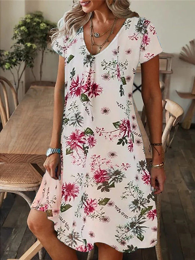 Women's Dress - Casual Dress Summer Dress Print Dress Leaf Floral Print V Neck Midi Dress Fashion Modern Outdoor Daily Short Sleeve Regular Fit Black White Yellow Summer Spring S M L XL XXL