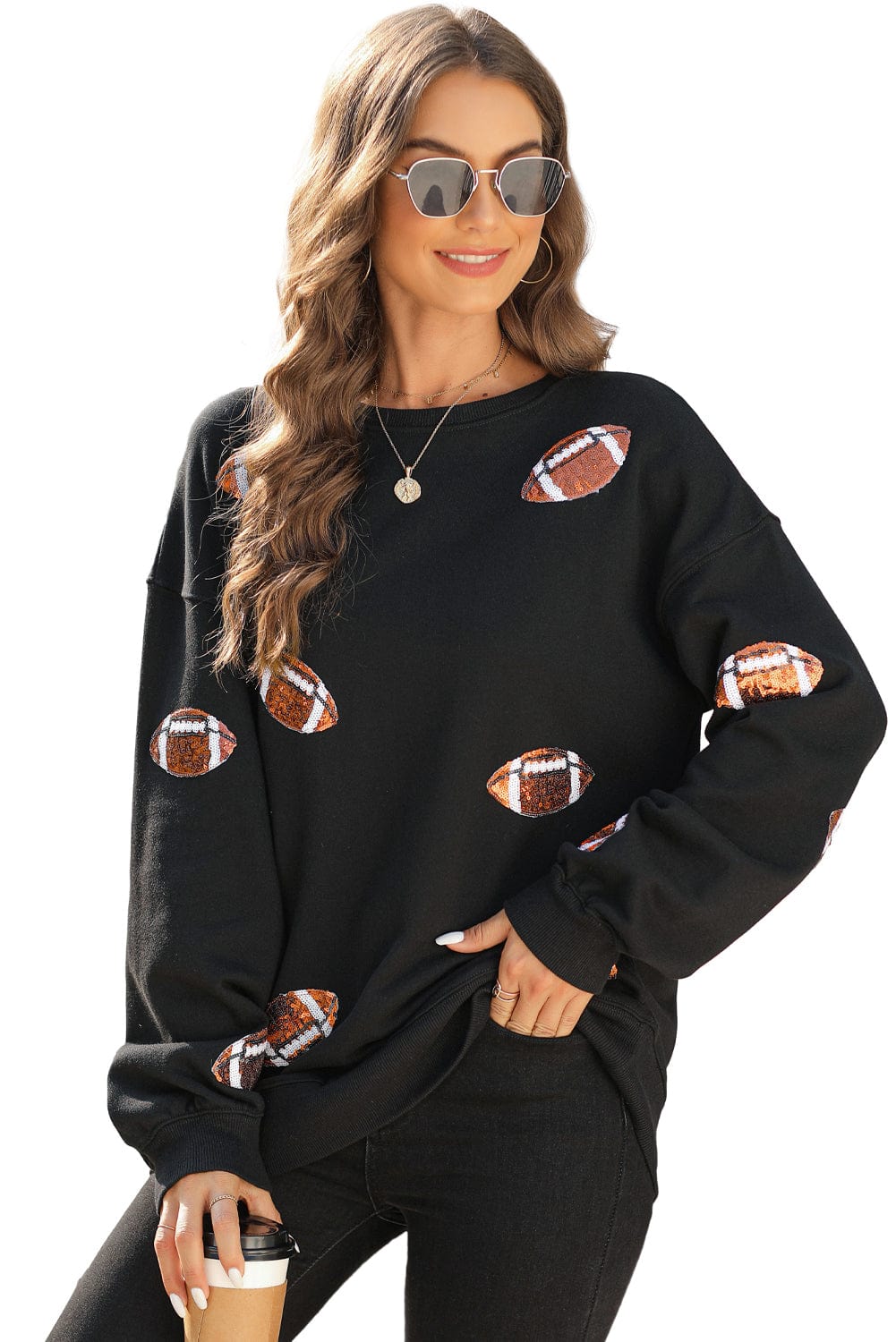 Shimmering Black Sequin Rugby Graphic Sweater