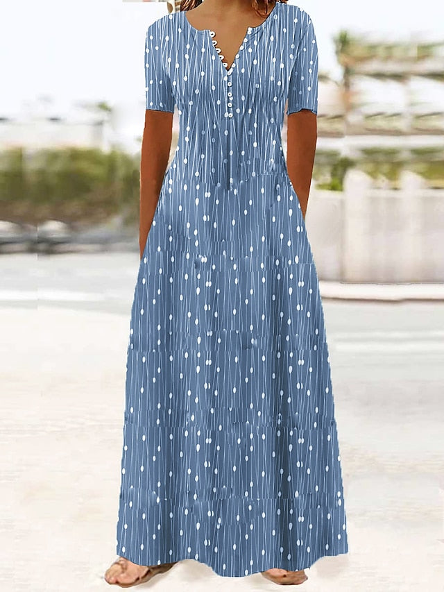 Women's Dress - Long Dress Maxi Dress Casual Dress A Line Dress Print Dress Graphic Streetwear Casual Daily Holiday Vacation Button Pocket Short Sleeve V Neck Dress Regular Fit Red Blue Dark Blue Summer