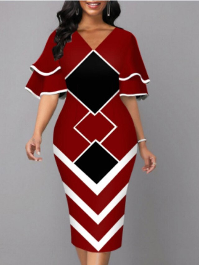 Women's Dress - Bodycon Sheath Dress Modern Dress Midi Dress Yellow Wine Royal Blue Half Sleeve Print Ruffle Summer Spring V Neck Stylish 2023 S M L XL XXL 3XL 4XL 5XL