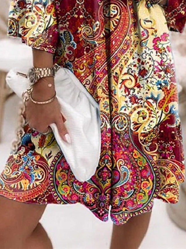 Women's Dress - Ethnic Dress Shift Dress Boho Dress Mini Dress Brown 3/4 Length Sleeve Floral Lace Summer Spring V Neck Basic Vacation Summer Dress Spring Dress Loose Fit 2023 S M L XL XXL 3XL