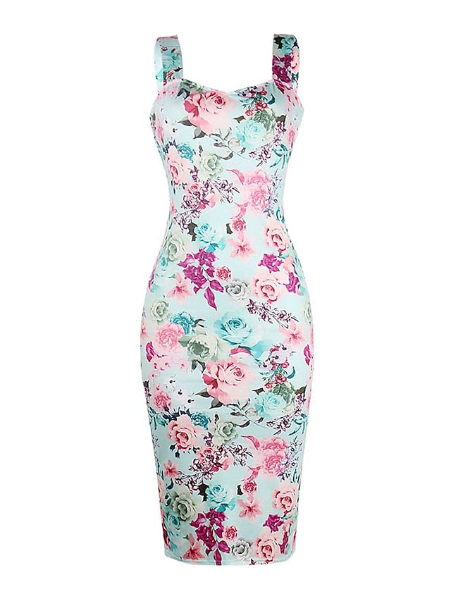 Women's Dress - Party Dress Bodycon Sheath Dress Midi Dress Pink Sleeveless Floral Print Summer Spring Spaghetti Strap Party Wedding Guest Vacation Summer Dress Slim 2023 S M L XL 2XL 3XL