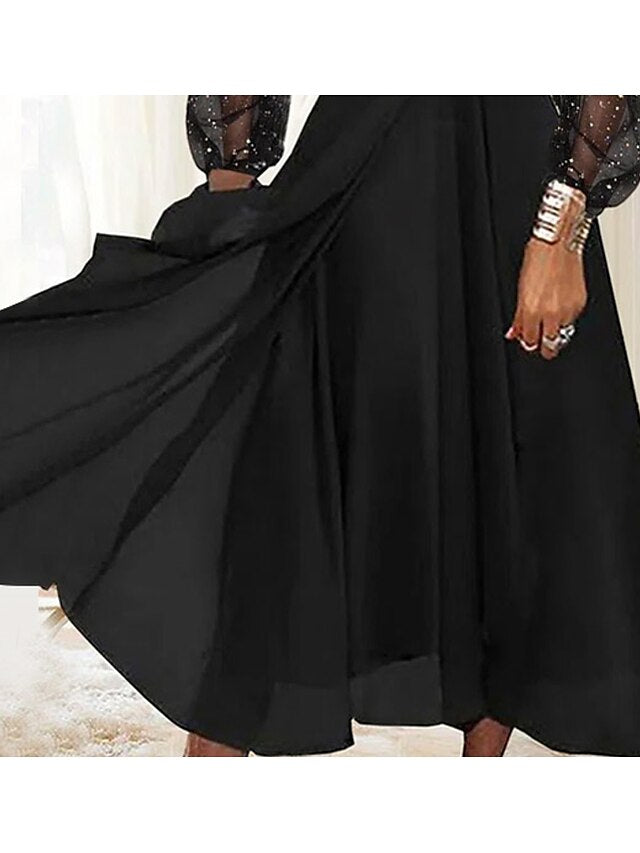Women's Dress - Semi Formal Party Dress Wedding Guest Dress Swing Dress Midi Dress Black Long Sleeve Polka Dot Sequins Winter Fall Spring V Neck Stylish Vacation 2023 S M L XL XXL 3XL