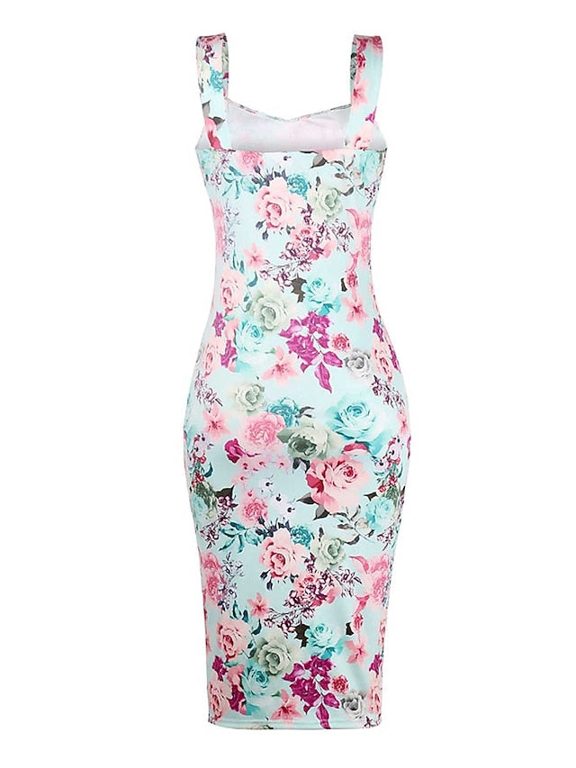 Women's Dress - Party Dress Bodycon Sheath Dress Midi Dress Pink Sleeveless Floral Print Summer Spring Spaghetti Strap Party Wedding Guest Vacation Summer Dress Slim 2023 S M L XL 2XL 3XL