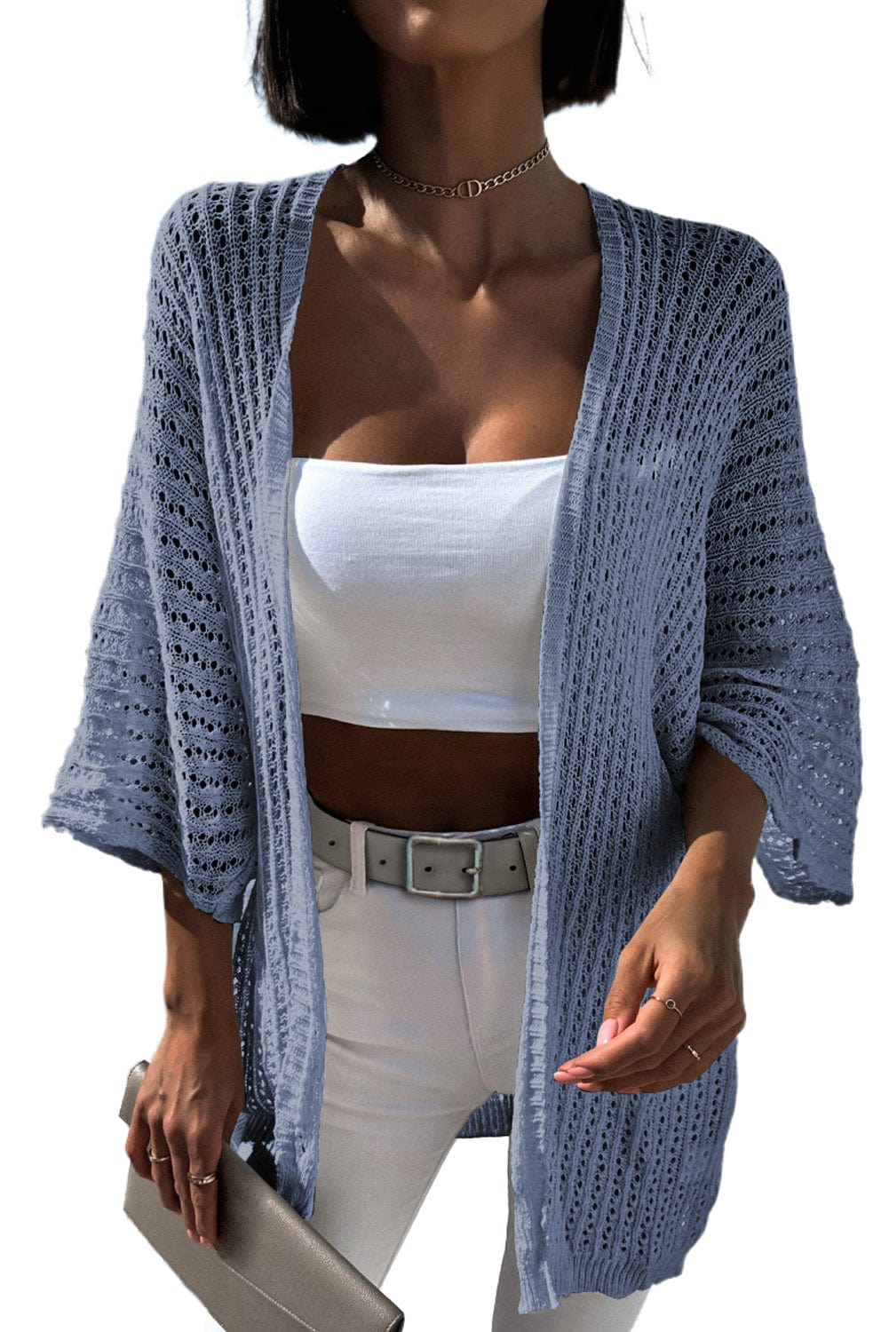 Sky Blue Crochet Knit Kimono Sleeve Cardigan