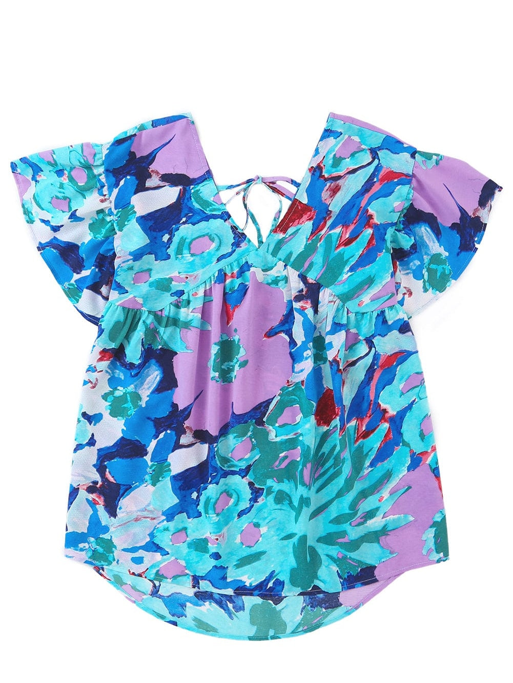 Sky Blue Floral Flutter Sleeve V Neck Sheath Blouse