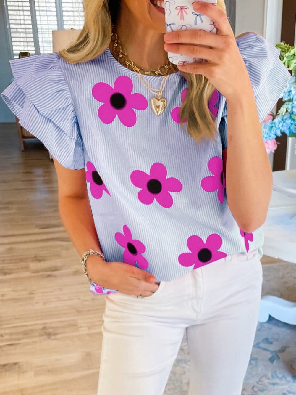 Sky Blue Floral Pinstripe Flutter Sleeve Blouse