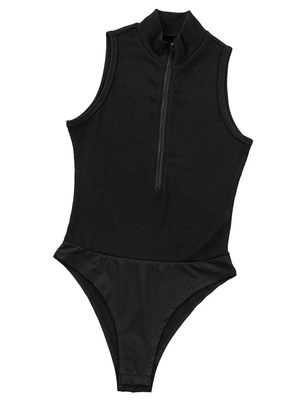 Sleek Black Ribbed Sleeveless Bodysuit with Mock Neck Zip-Up Style