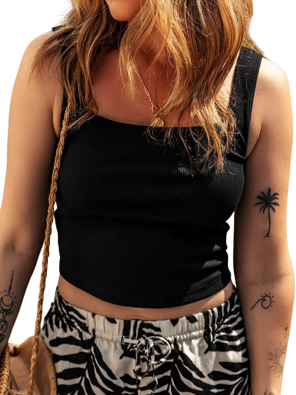 Sleek Black Ribbed Square Neck Sleeveless Crop Top