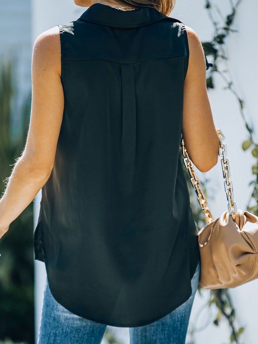 Blouses - Sleeveless Solid Color Lapel Blouses - MsDressly