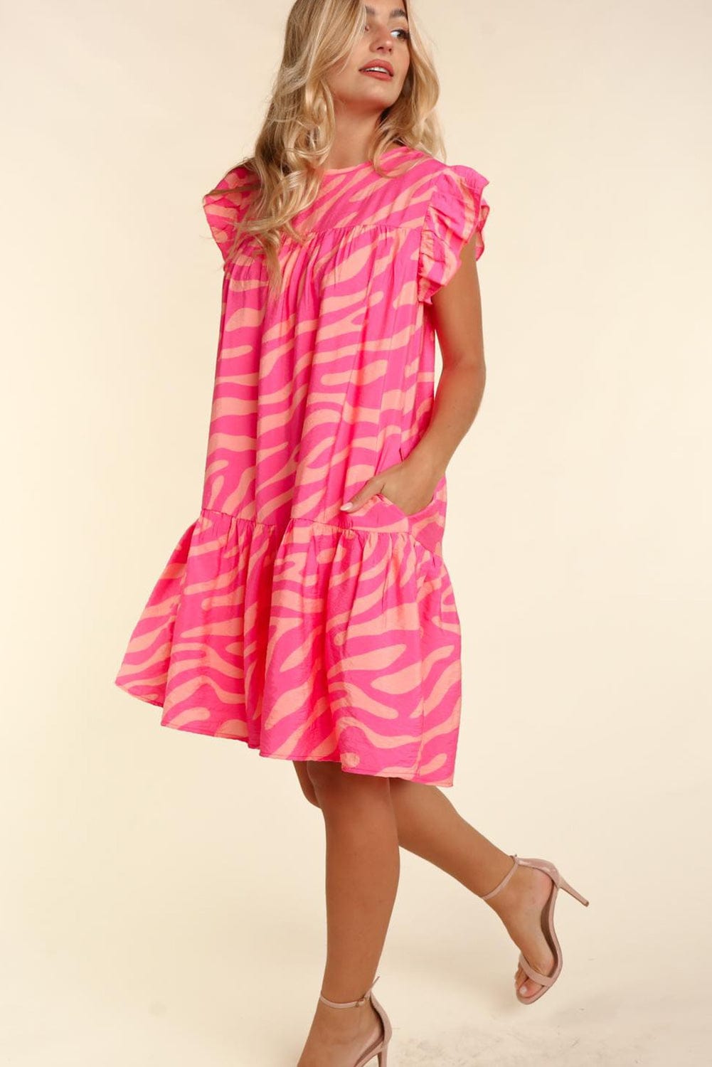 Sloping Shoulder Ruffle Print Dress