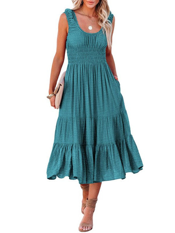 Smocked Ruffle Dress with Square Neck midi Skirt