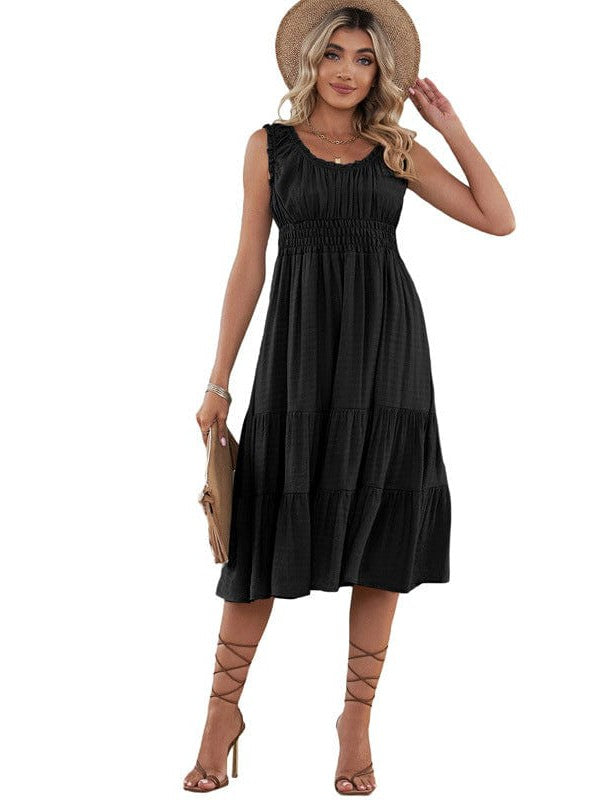 Smocked Ruffle Dress with Square Neck midi Skirt