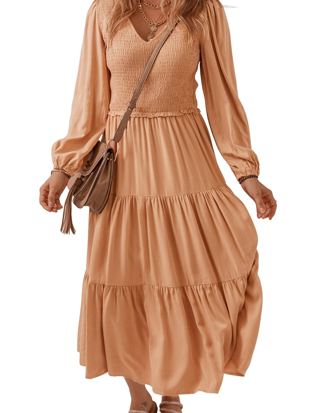 Smocked V Neck Ruffle Maxi Dress in Chestnut Brown