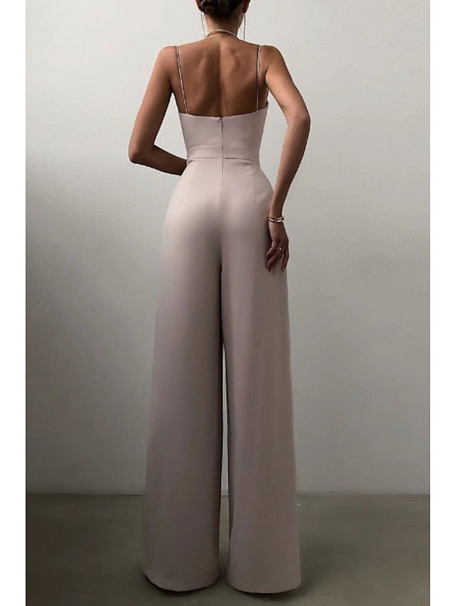 Women's Summer V Neck Spaghetti Straps Elegant Wedding Party Jumpsuit High Waist Wide Leg Pleated Long Pants Casual Rompers with Pockets - LuckyFash™