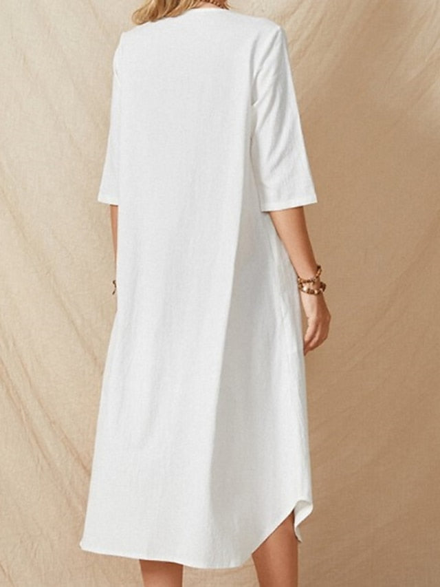 Women's Dress - Cotton Linen Dress Casual Dress Shift Dress Midi Dress White 3/4 Length Sleeve Pure Color Pocket Summer Spring Crew Neck Basic Vacation Loose Fit Retro S M L XL XXL 3XL