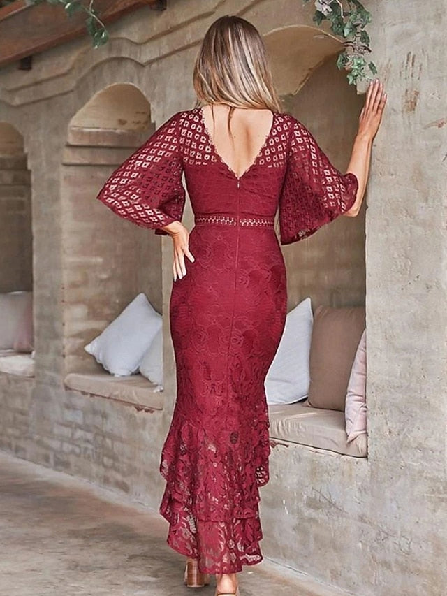 Women's Dress - Wedding Guest Dress Sheath Dress Lace Midi Dress White Red Wine Dark Blue Half Sleeve Pure Color Pure Color Fall Spring Autumn Sweetheart Elegant Spring Dress 2022 S M L XL