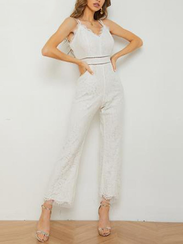 Women‘s Casual Party Street Holiday Deep V 2023 White Black Wine Jumpsuit Solid Color Zipper - LuckyFash™