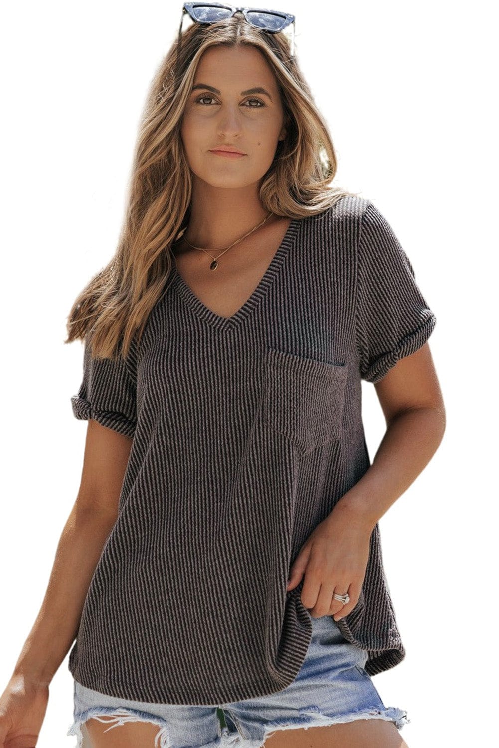 Soft Carbon Grey Corded V Neck Tee with Twist Sleeve Detail