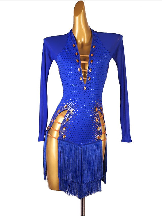Latin Dance Dress Tassel Crystals / Rhinestones Women's Performance Long Sleeve Chinlon Mesh - LuckyFash™