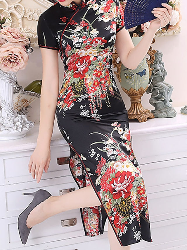 Women's Dress - Cheongsam Floral Mandarin Collar Chinoiserie Dress Long Dress Maxi Dress Light Pink Black Blue Short Sleeve Spring Summer Weekend S M L XL XXL 3XL 4XL 5XL 6XL