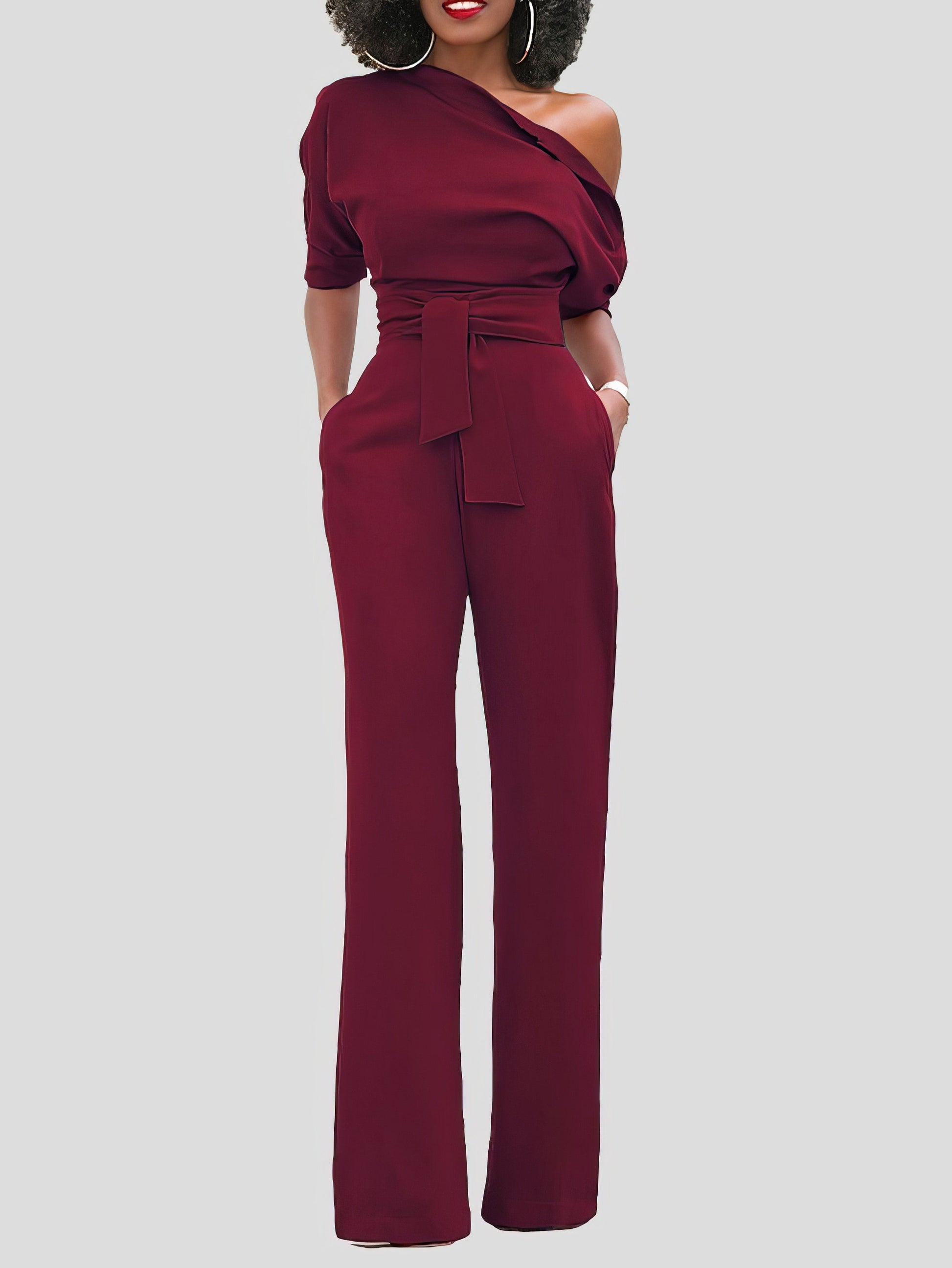 Jumpsuits - Solid Color One Shoulder Short Sleeve Jumpsuit - MsDressly