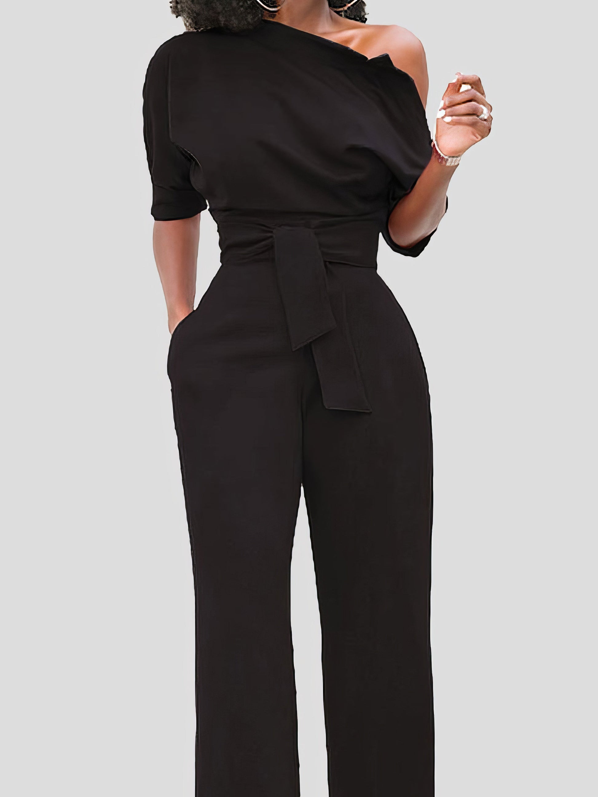 Jumpsuits - Solid Color One Shoulder Short Sleeve Jumpsuit - MsDressly