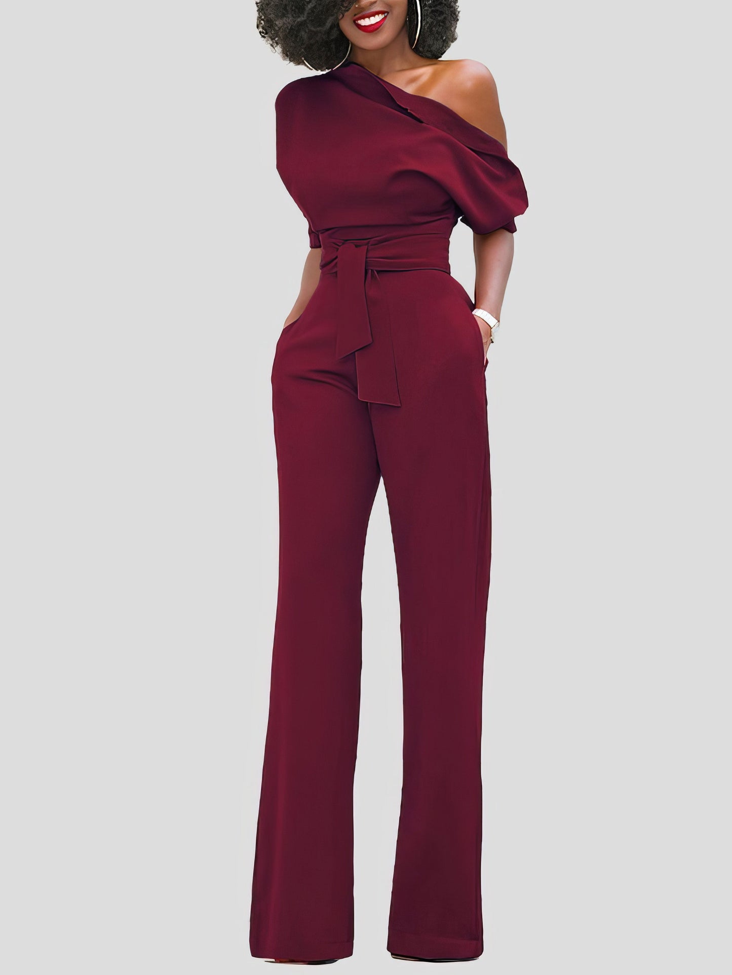 Jumpsuits - Solid Color One Shoulder Short Sleeve Jumpsuit - MsDressly