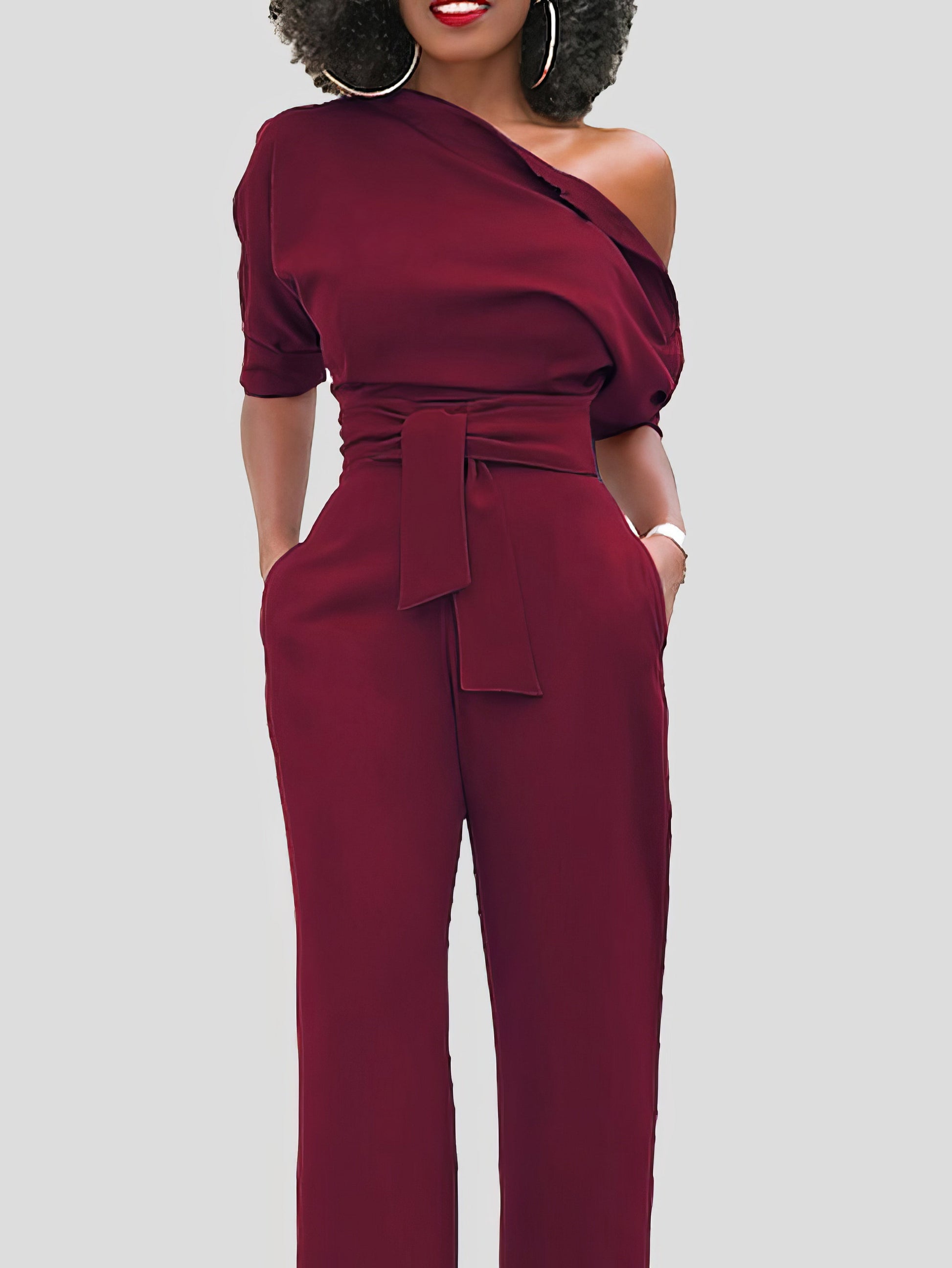 Jumpsuits - Solid Color One Shoulder Short Sleeve Jumpsuit - MsDressly