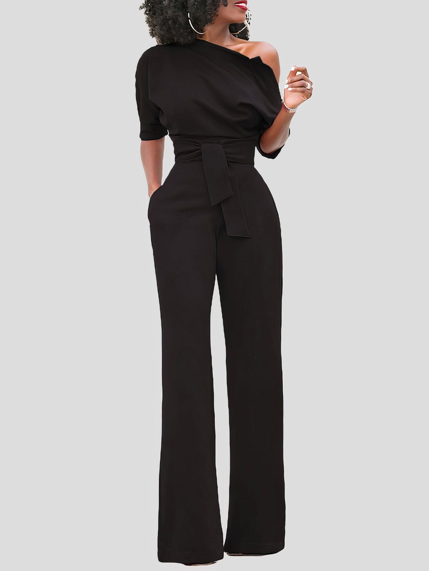 Jumpsuits - Solid Color One Shoulder Short Sleeve Jumpsuit - MsDressly